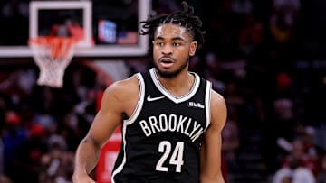 Oct 27, 2025; Houston, Texas, USA; Brooklyn Nets guard Cam Thomas (24) handles the ball against the Houston Rockets during the third quarter at Toyota Center. Mandatory Credit: Erik Williams-Imagn Images
