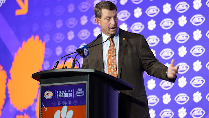 Jul 24, 2025; Charlotte, NC, USA;  Clemson Head Coach Dabo Swinney answers questions from the media during ACC Media Days at Hilton Charlotte Uptown. Mandatory Credit: Jim Dedmon-Imagn Images