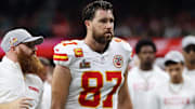 Feb 9, 2025; New Orleans, LA, USA; Kansas City Chiefs tight end Travis Kelce (87) walks off the field at the end of the first half of Super Bowl LIX at Caesars Superdome. Mandatory Credit: Geoff Burke-Imagn Images