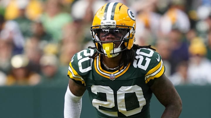 Sep 7, 2025; Green Bay, Wisconsin, USA;  Green Bay Packers safety Javon Bullard (20) during the game against the Detroit Lions at Lambeau Field.