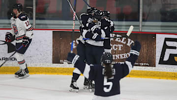 Penn State women's hockey celebrating scoring a goal with teammates.
