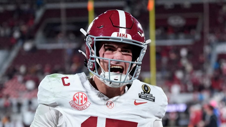Alabama quarterback Ty Simpson celebrates after beating Oklahoma in the first round of the College Football Playoff.