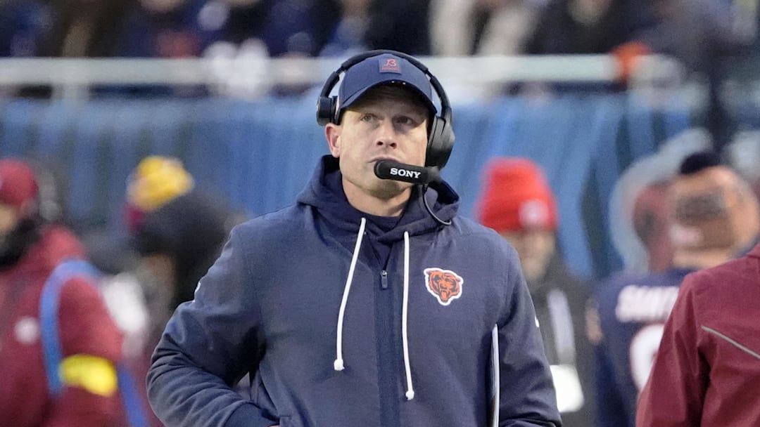 Jan 4, 2026; Chicago, Illinois, USA; Chicago Bears head coach Ben Johnson looks on from the sideline against the Detroit Lions during the first half at Soldier Field. Mandatory Credit: David Banks-Imagn Images