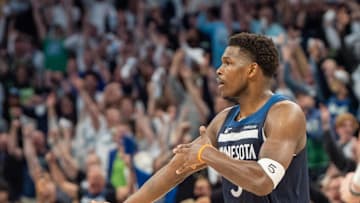 Apr 27, 2025; Minneapolis, Minnesota, USA; Minnesota Timberwolves guard Anthony Edwards (5) celebrates a three pointer against the Los Angeles Lakers in the fourth quarter during game four of first round for the 2025 NBA Playoffs at Target Center. Mandatory Credit: Matt Blewett-Imagn Images