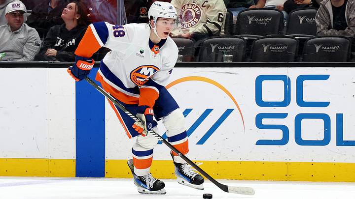 Mar 4, 2026; Anaheim, California, USA; New York Islanders defenseman Matthew Schaefer (48) skates with the puck during the third period against the Anaheim Ducks at Honda Center. Mandatory Credit: Kiyoshi Mio-Imagn Images Mar 4, 2026; Anaheim, California, USA; New York Islanders defenseman Matthew Schaefer (48) skates with the puck during the third period against the Anaheim Ducks at Honda Center. Mandatory Credit: Kiyoshi Mio-Imagn Images