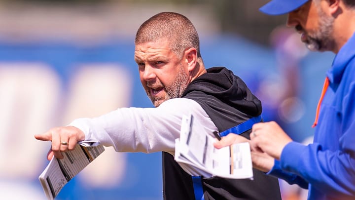 Florida Gators head coach Billy Napier coaches during Fall practice at Sanders Practice Fields in Gainesville, FL on Thursday, August 8, 2024. [Doug Engle/Gainesville Sun]