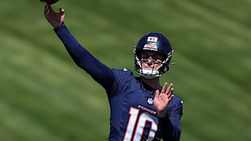 May 23, 2024; Englewood, CO, USA; Denver Broncos quarterback Bo Nix (10) during organized team activities at Centura Health Training Center. Mandatory Credit: Isaiah J. Downing-USA TODAY Sports