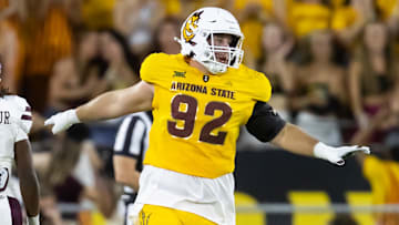 Sep 7, 2024; Tempe, Arizona, USA; Arizona State Sun Devils defensive lineman Zac Swanson (92) against the Mississippi State Bulldogs at Mountain America Stadium. Mandatory Credit: Mark J. Rebilas-Imagn Images