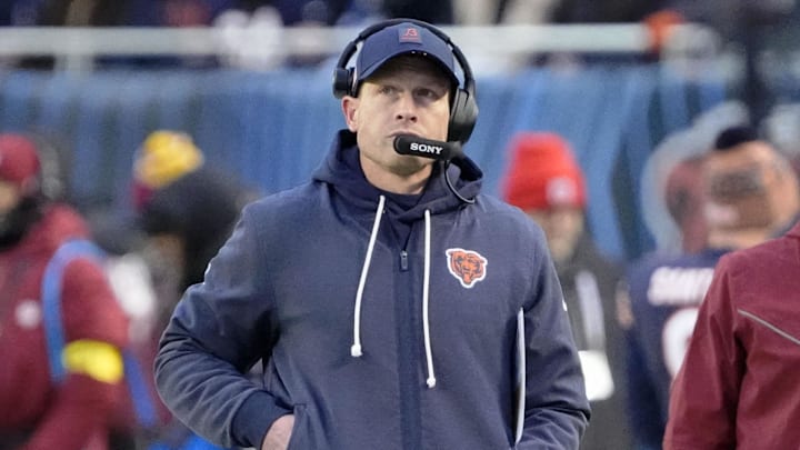 Jan 4, 2026; Chicago, Illinois, USA; Chicago Bears head coach Ben Johnson looks on from the sideline against the Detroit Lions during the first half at Soldier Field. Mandatory Credit: David Banks-Imagn Images