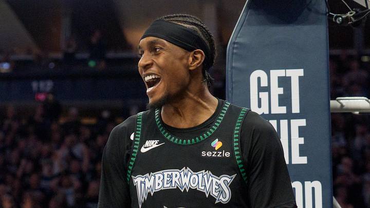 Apr 25, 2026; Minneapolis, Minnesota, USA; Minnesota Timberwolves forward Jaden McDaniels (3) reacts to being called for a foul against the Denver Nuggets in the fourth quarter at Target Center. Mandatory Credit: Matt Blewett-Imagn Images