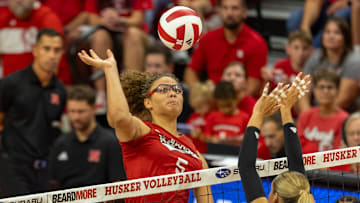 Nebraska middle blocker Rebekah Allick readies to fire a shot during the Red-White Scrimmage Saturday, while Andi Jackson defends for the white team.