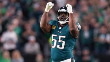 Nov 5, 2023; Philadelphia, Pennsylvania, USA; Philadelphia Eagles defensive end Brandon Graham (55) reacts after a sack during the fourth quarter against the Dallas Cowboys at Lincoln Financial Field. Mandatory Credit: Bill Streicher-USA TODAY Sports