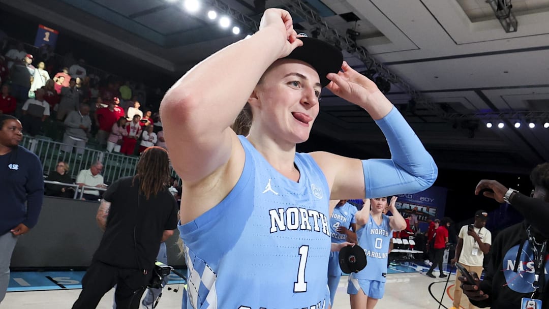 Nov 25, 2024; Paradise Island, Bahamas, BHS; North Carolina Tar Heels guard Alyssa Ustby (1) celebrates after the win against the Indiana Hoosiers at the Atlantis Resort. Mandatory Credit: Kevin Jairaj-Imagn Images