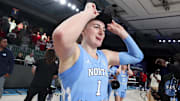 Nov 25, 2024; Paradise Island, Bahamas, BHS; North Carolina Tar Heels guard Alyssa Ustby (1) celebrates after the win against the Indiana Hoosiers at the Atlantis Resort. Mandatory Credit: Kevin Jairaj-Imagn Images