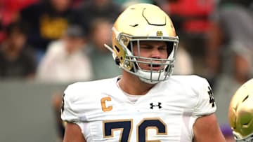 Sep 9, 2023; Raleigh, North Carolina, USA; Notre Dame Fighting Irish tackle Joe Alt (76) during the