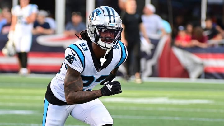 Aug 19, 2022; Foxborough, Massachusetts, USA; Carolina Panthers cornerback Stantley Thomas-Oliver III (23) warms up before a preseason game against the New England Patriots at Gillette Stadium.  