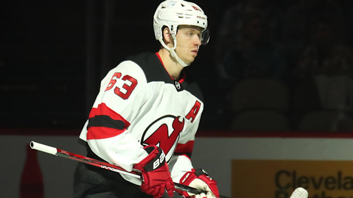 New Jersey Devils left wing Jesper Bratt (63). Mandatory Credit: Charles LeClaire-Imagn Images