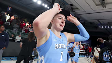 Nov 25, 2024; Paradise Island, Bahamas, BHS; North Carolina Tar Heels guard Alyssa Ustby (1) celebrates after the win against the Indiana Hoosiers at the Atlantis Resort. Mandatory Credit: Kevin Jairaj-Imagn Images