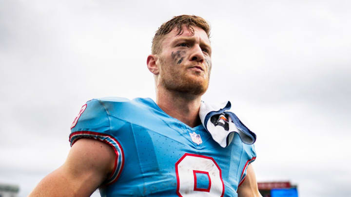 Tennessee Titans quarterback Will Levis (8) celebrates on the field after defeating the Atlanta Falcons at Nissan Stadium in Nashville, Tenn., Sunday, Oct. 29, 2023.