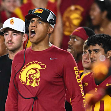 Sep 7, 2024; Los Angeles, California, USA; USC Trojans defensive coordinator D'Anton Lynn reacts against the Utah State Aggies during the fourth quarter at United Airlines Field at Los Angeles Memorial Coliseum. Mandatory Credit: Jonathan Hui-Imagn Images
