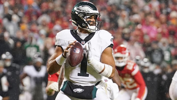 Nov 20, 2023; Kansas City, Missouri, USA; Philadelphia Eagles quarterback Jalen Hurts (1) against the Kansas City Chiefs during the game at GEHA Field at Arrowhead Stadium. Mandatory Credit: Denny Medley-Imagn Images