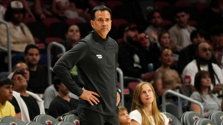 Miami Heat head coach Erik Spoelstra keeps an eye (Mandatory Credit: Jim Rassol-Imagn Images)