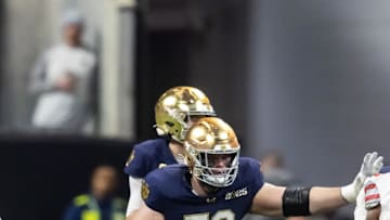 Jan 20, 2025; Atlanta, GA, USA; Notre Dame Fighting Irish offensive lineman Rocco Spindler (50) against the Ohio State Buckeyes during the CFP National Championship college football game at Mercedes-Benz Stadium. Mandatory Credit: Mark J. Rebilas-Imagn Images
