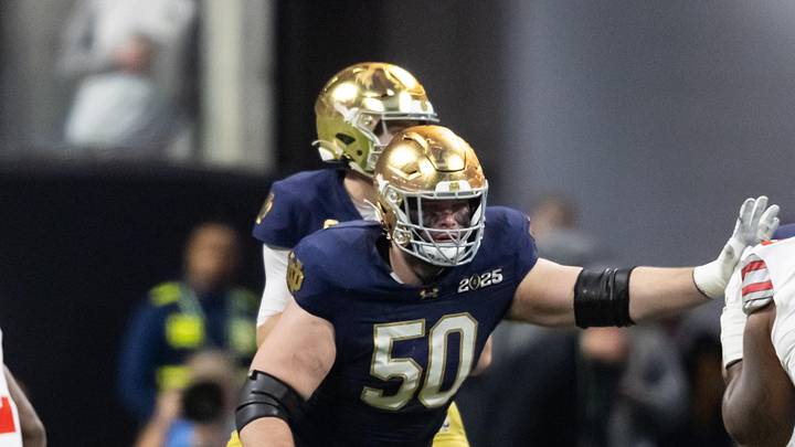 Jan 20, 2025; Atlanta, GA, USA; Notre Dame Fighting Irish offensive lineman Rocco Spindler (50) against the Ohio State Buckeyes during the CFP National Championship college football game at Mercedes-Benz Stadium. Mandatory Credit: Mark J. Rebilas-Imagn Images