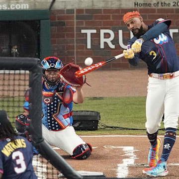 Jul 14, 2025; Atlanta, GA, USA; Minnesota Twins outfielder Byron Buxton (25) during the 2025 Home Run Derby at Truist Park.