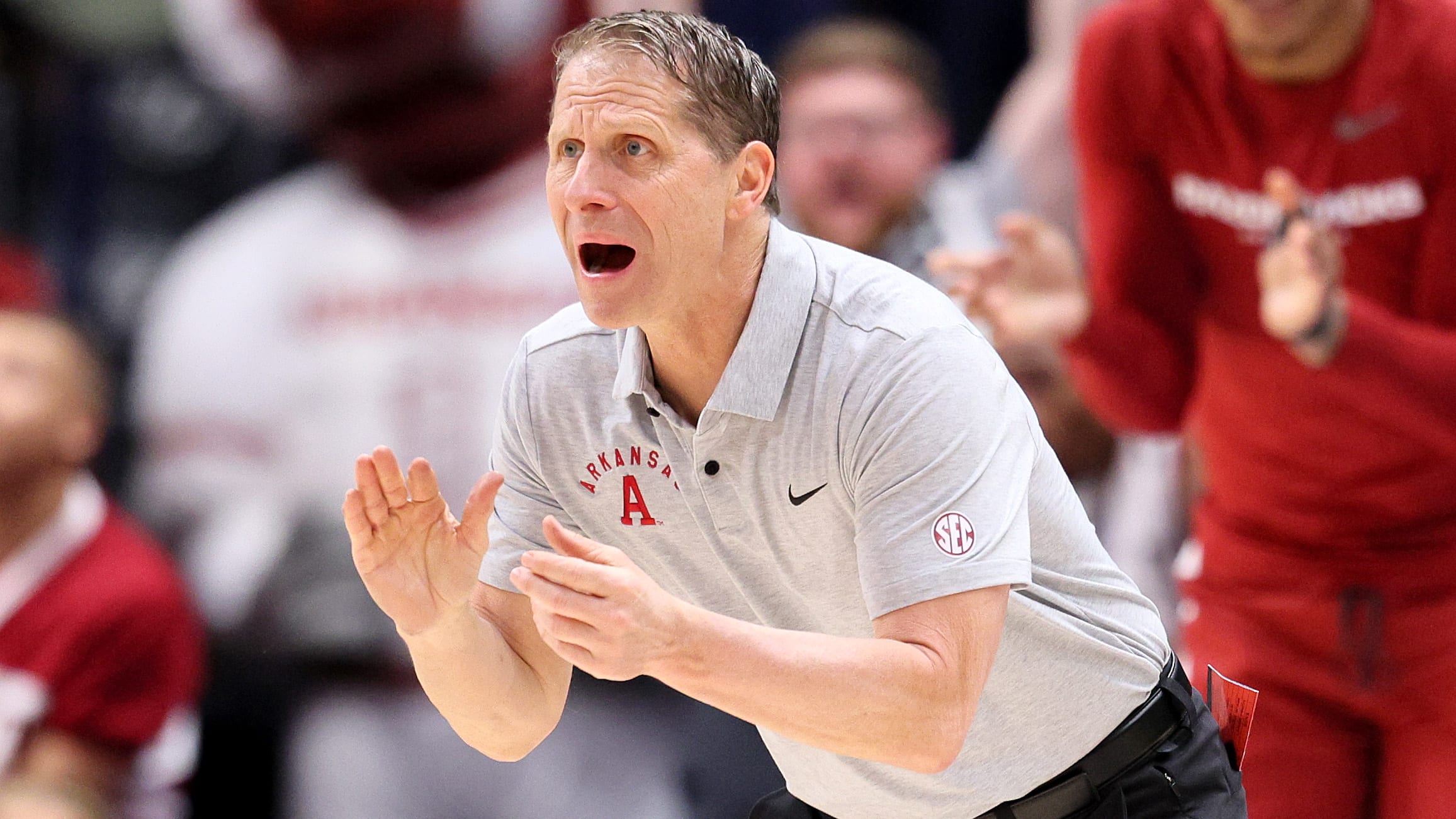 Eric Musselman encourages his players in the SEC Tournament against South Carolina.