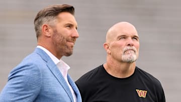 Washington Commanders general manager Adam Peters and head coach Dan Quinn