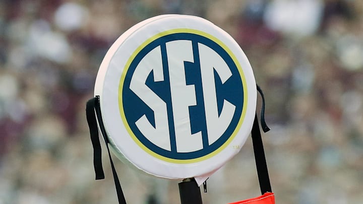 Sep 3, 2016; College Station, TX, USA; The SEC logo on the chains during a college football game.