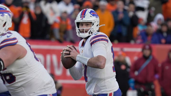 Buffalo Bills quarterback Josh Allen steps back before throwing his pass during second half action at Empower Field at Mile High in Denver, Colorado on Jan. 17, 2026.