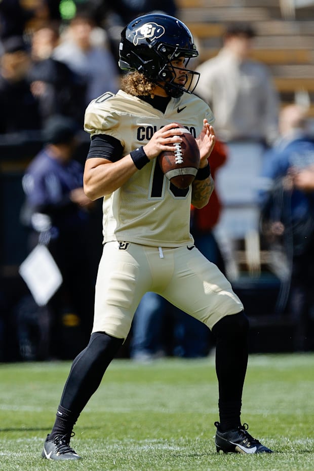 Apr 19, 2025; Boulder, CO, USA; Colorado Buffaloes quarterback Julian Lewis (10) during the spring game at Folsom Field. Mand