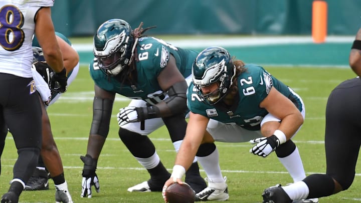 Oct 18, 2020; Philadelphia, Pennsylvania, USA; Philadelphia Eagles center Jason Kelce (62) and offensive guard Jamon Brown (66) prepare to block against the Baltimore Ravens at Lincoln Financial Field. Mandatory Credit: Eric Hartline-Imagn Images Oct 18, 2020; Philadelphia, Pennsylvania, USA; Philadelphia Eagles center Jason Kelce (62) and offensive guard Jamon Brown (66) prepare to block against the Baltimore Ravens at Lincoln Financial Field. Mandatory Credit: Eric Hartline-Imagn Images