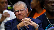 Jun 17, 2025; Arlington, Texas, USA;  University of Connecticut head coach Geno Auriemma watches the game between the Dallas Wings and Golden State Valkyries at College Park Center. Mandatory Credit: Kevin Jairaj-Imagn Images