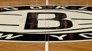 Dec 3, 2013; Brooklyn, NY, USA; A view of the Brooklyn Nets logo at center court before the game against the Denver Nuggets at Barclays Center. Mandatory Credit: Joe Camporeale-Imagn Images