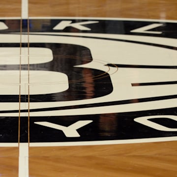 Dec 3, 2013; Brooklyn, NY, USA; A view of the Brooklyn Nets logo at center court before the game against the Denver Nuggets at Barclays Center. Mandatory Credit: Joe Camporeale-Imagn Images