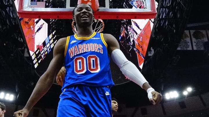 Jan 14, 2022; Chicago, Illinois, USA; Golden State Warriors forward Jonathan Kuminga (00) reacts