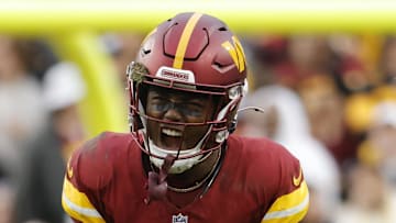 Nov 10, 2024; Landover, Maryland, USA; Washington Commanders wide receiver Terry McLaurin (17) celebrates after a play against the Pittsburgh Steelers during the second half at Northwest Stadium. Mandatory Credit: Amber Searls-Imagn Images