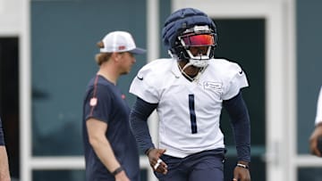 Jun 3, 2025; Lake Forest, IL, USA; Chicago Bears cornerback Jaylon Johnson (1) warms up during minicamp at Halas Hall. Mandatory Credit: Kamil Krzaczynski-Imagn Images