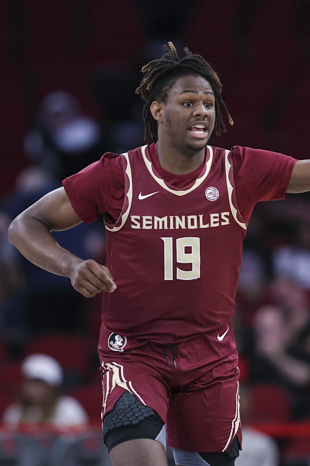 Florida State Seminoles forward AJ Swinton reacts after a play during the second half against the Rice Owls