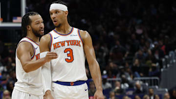 Dec 28, 2024; Washington, District of Columbia, USA; New York Knicks guard Jalen Brunson (11) talks with Knicks guard Josh Hart (3) during a stoppage in play against the Washington Wizards in overtime at Capital One Arena. Mandatory Credit: Geoff Burke-Imagn Images