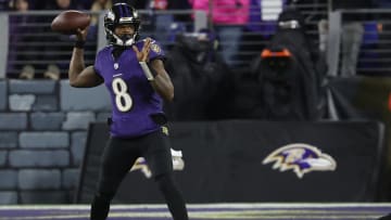 Jan 28, 2024; Baltimore, Maryland, USA; Baltimore Ravens quarterback Lamar Jackson (8) passes the ball against the Kansas City Chiefs in the AFC Championship football game at M&T Bank Stadium. Mandatory Credit: Geoff Burke-USA TODAY Sports