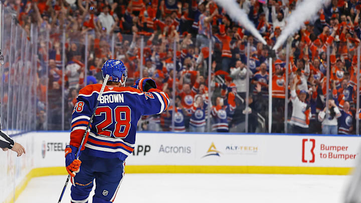 Edmonton Oilers forward Connor Brown (28) celebrates after scoring a goal