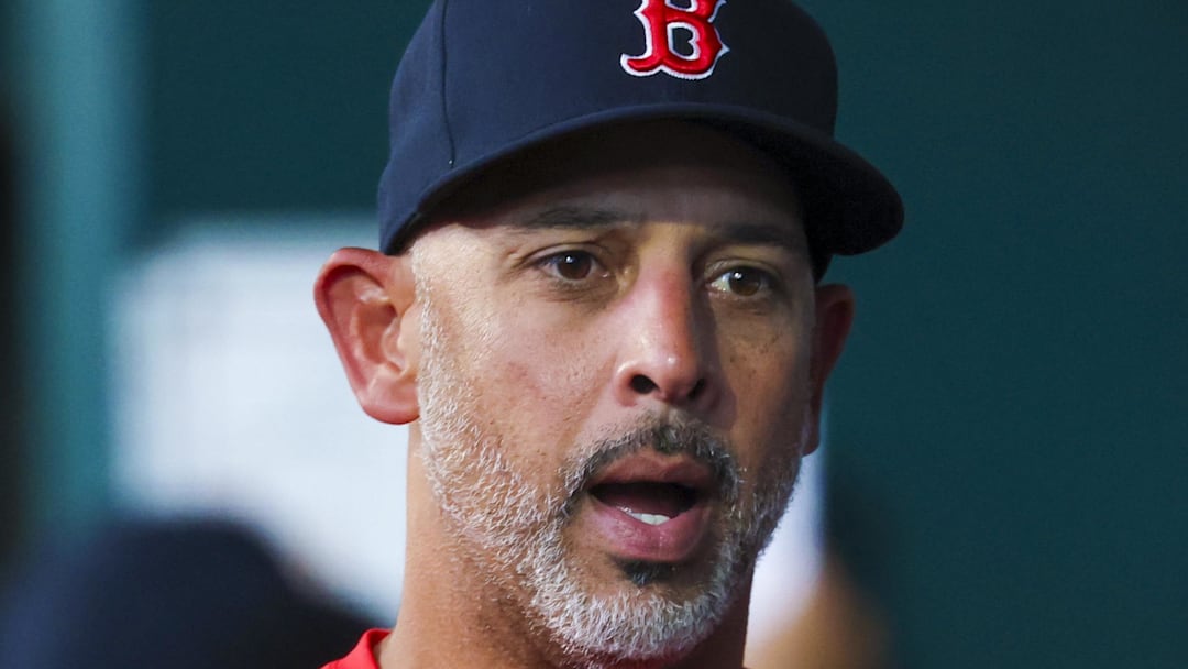 Boston Red Sox manager Alex Cora (13) reacts before the game against the Texas Rangers at Globe Life Field.
