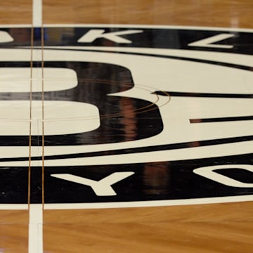 Dec 3, 2013; Brooklyn, NY, USA; A view of the Brooklyn Nets logo at center court before the game against the Denver Nuggets at Barclays Center. Mandatory Credit: Joe Camporeale-Imagn Images