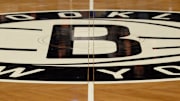Dec 3, 2013; Brooklyn, NY, USA; A view of the Brooklyn Nets logo at center court before the game against the Denver Nuggets at Barclays Center. Mandatory Credit: Joe Camporeale-Imagn Images