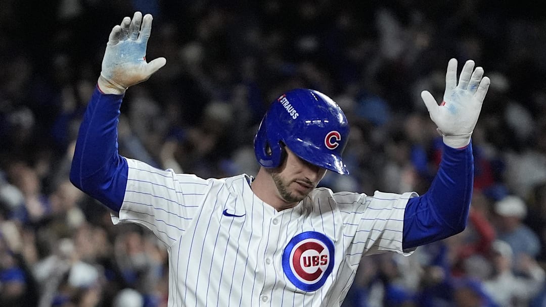Oct 9, 2025; Chicago, Illinois, USA; Chicago Cubs right fielder Kyle Tucker (30) reacts after hitting a home run against the Milwaukee Brewers during the seventh inning for game four of the NLDS round for the 2025 MLB playoffs at Wrigley Field.