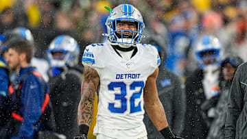 Detroit Lions safety Brian Branch reacts after being disqualified by the referee during the first half against Green Bay Packers at Lambeau Field in Green Bay, Wis. on Sunday, Nov. 3, 2024.